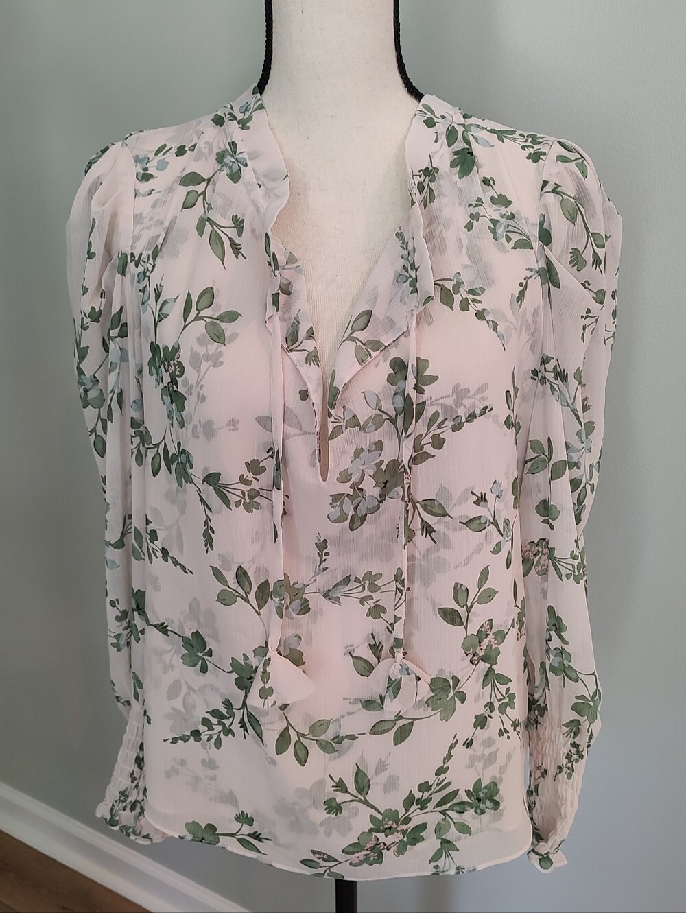 MISA LOS ANGELES Siena White Sage Semi-Sheer Ruffle Top Botanical S - Picture 2 of 15